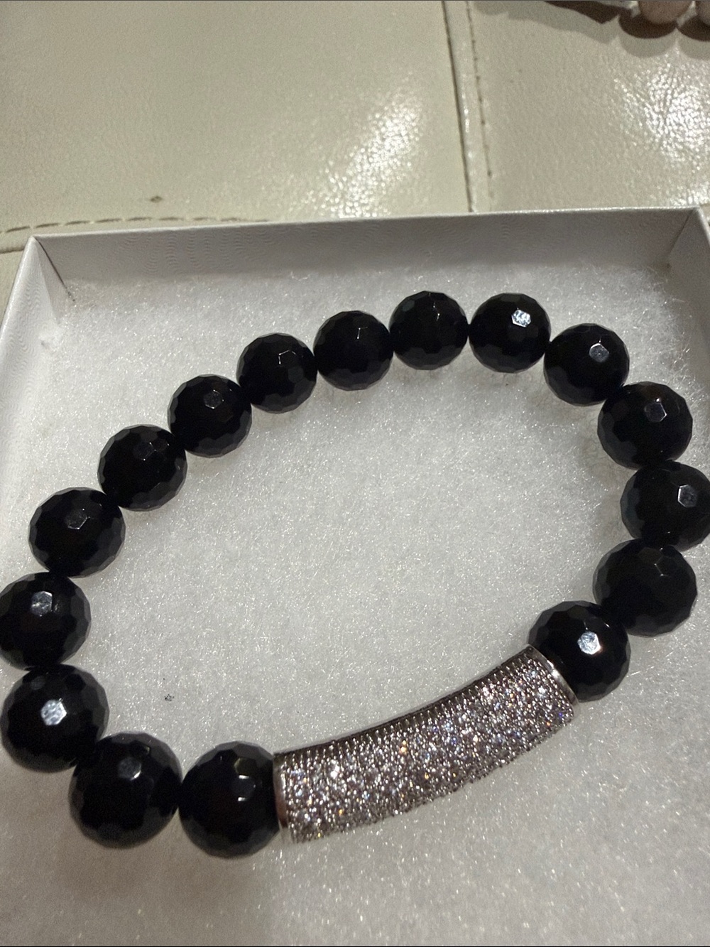 Faceted Black Bead Stretch Bracelet with Pave Bar